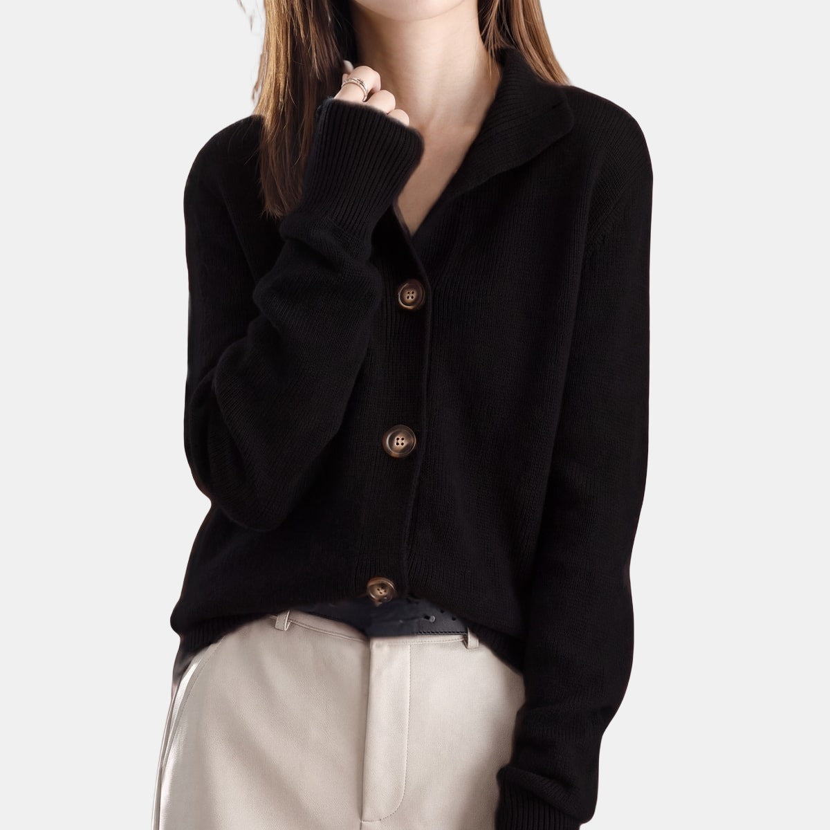 Cream Buttoned Cardigan Black, studio photo