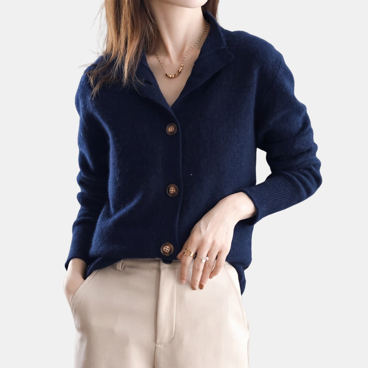 Cream Buttoned Cardigan Navy, studio photo