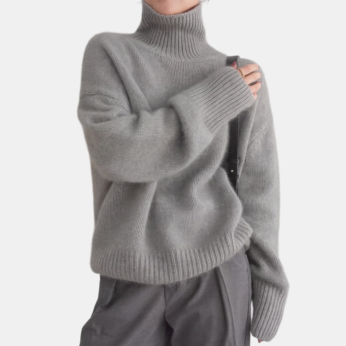 Cream Chunky Turtleneck Jumper Grey, studio photo