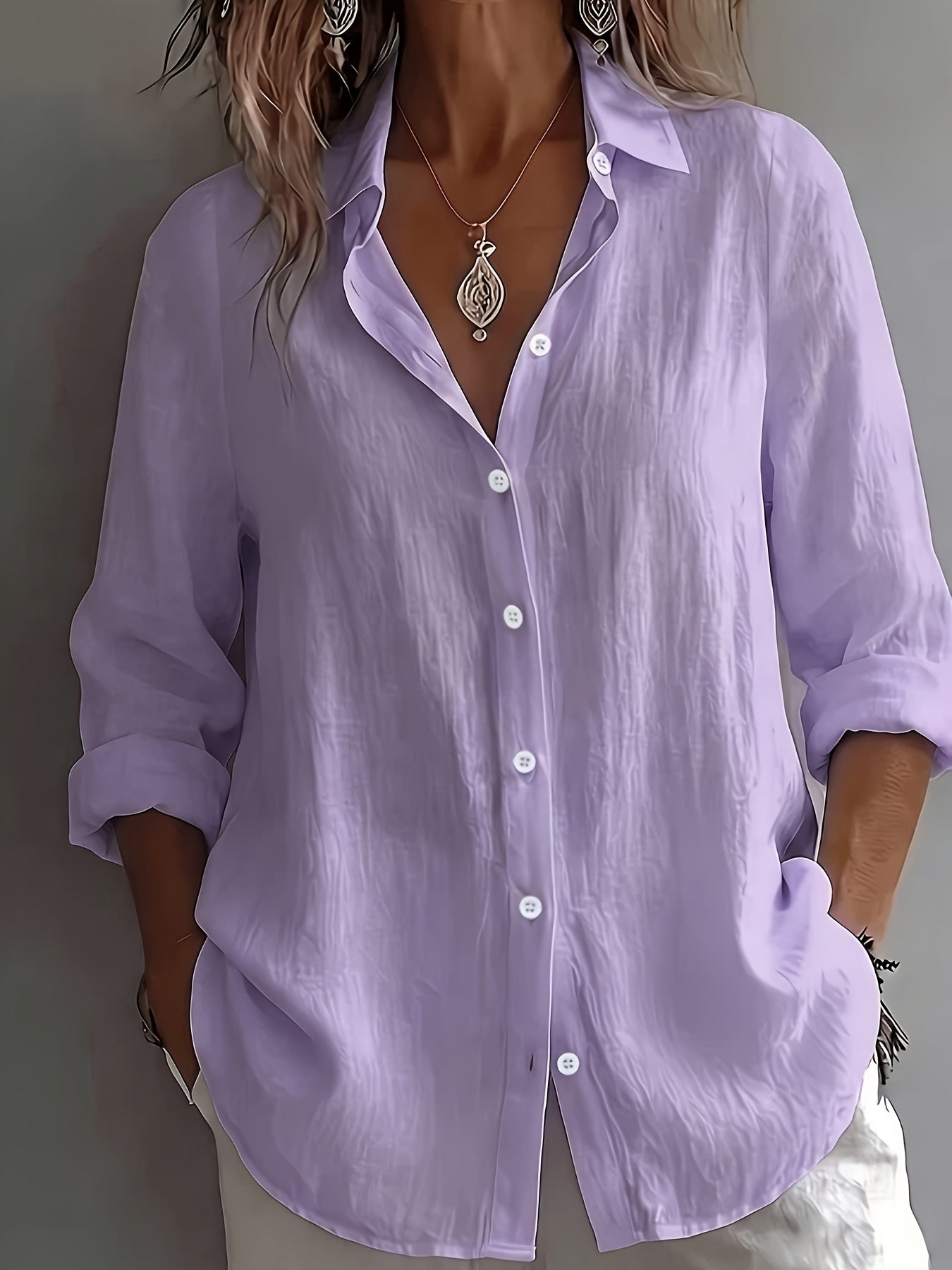 Renata | Turn-Down Collar Long-Sleeve Shirt Lilac, studio photo