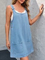 Short Strappy Denim Dress with Pockets