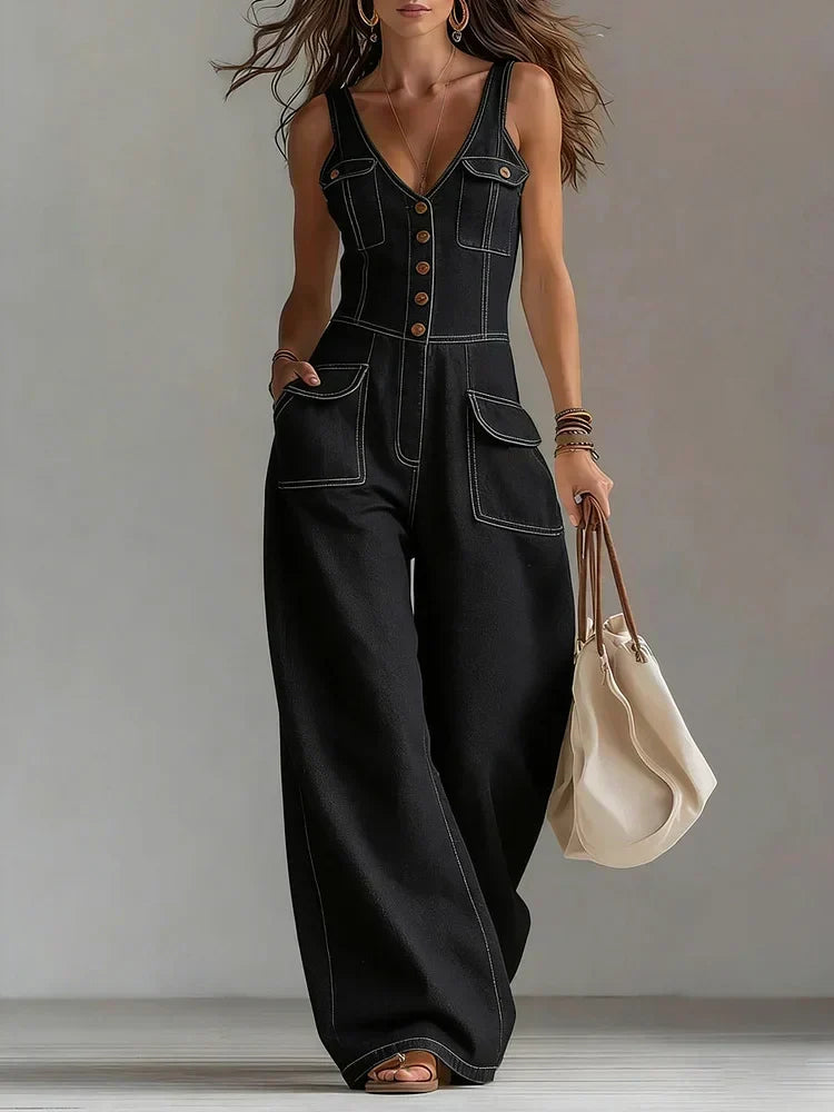 Sleeveless V-Neck Denim Jumpsuit Black, studio photo