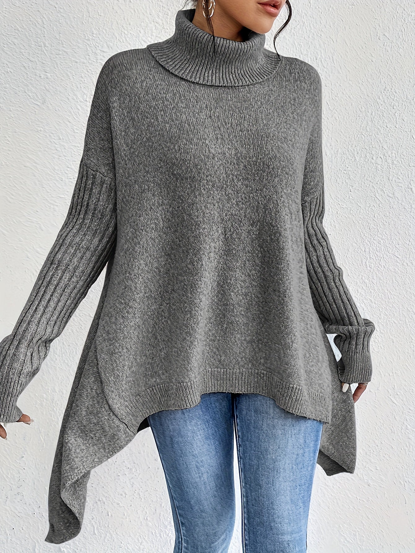 Long Split-Hem Turtleneck Jumper