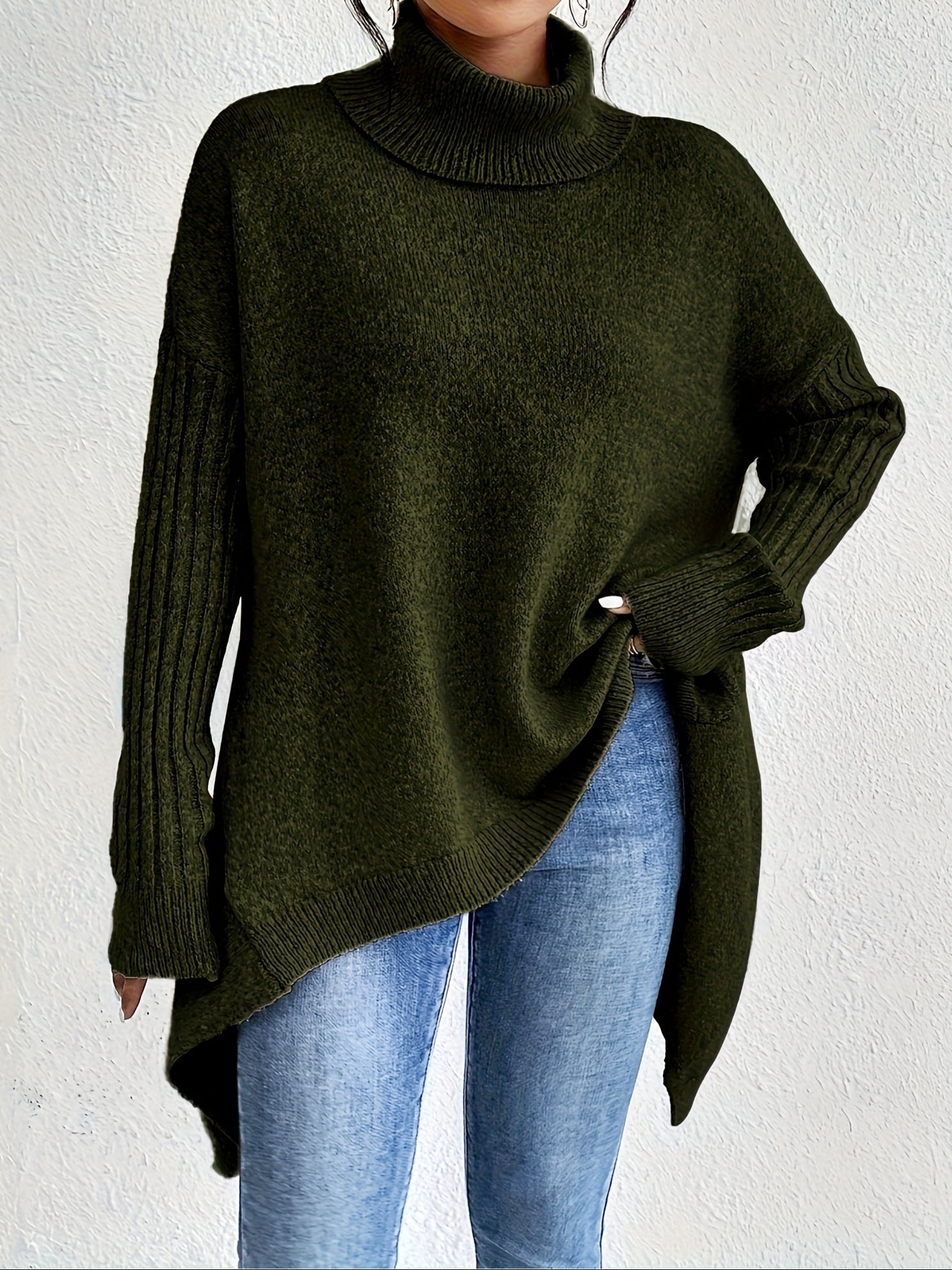 Long Split-Hem Turtleneck Jumper