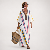 Long Kaftan in White Multicolour Stripe
