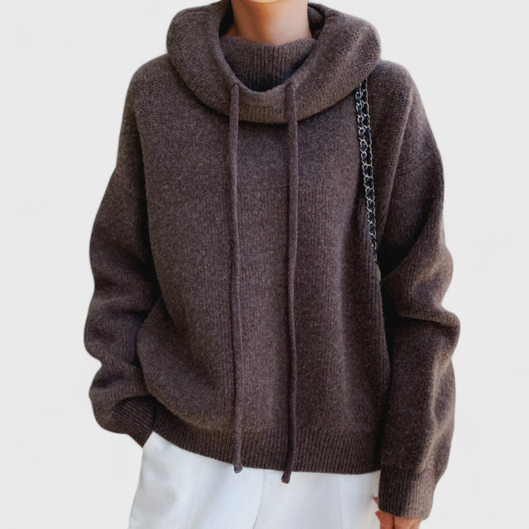 Drawstring Funnel-Neck Jumper Brown, studio photo