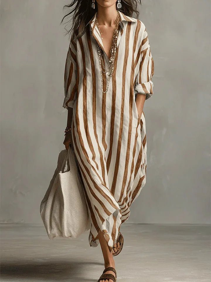 Luisa | Women's Striped Oversized Maxi Shirt Dress Earthy Yellow, photo studio