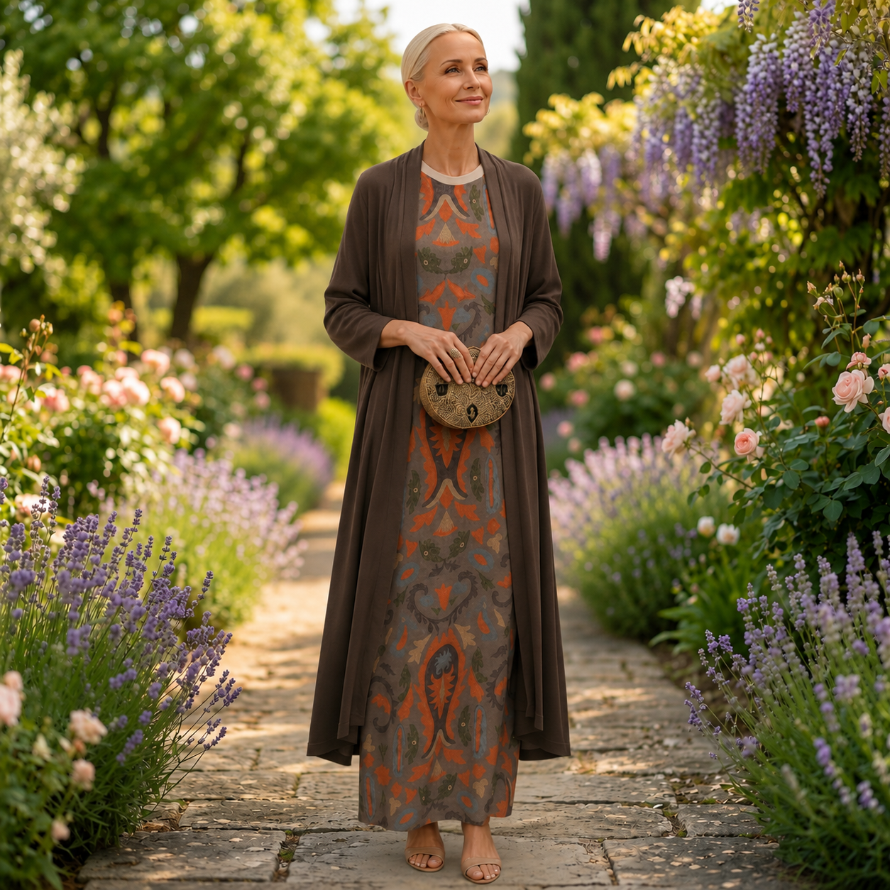 Danielle | Floral Maxi Dress with Matching Vest Brown, photo studio