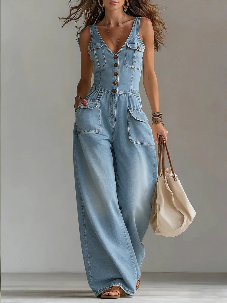 Sleeveless V-Neck Denim Jumpsuit Blue, studio photo