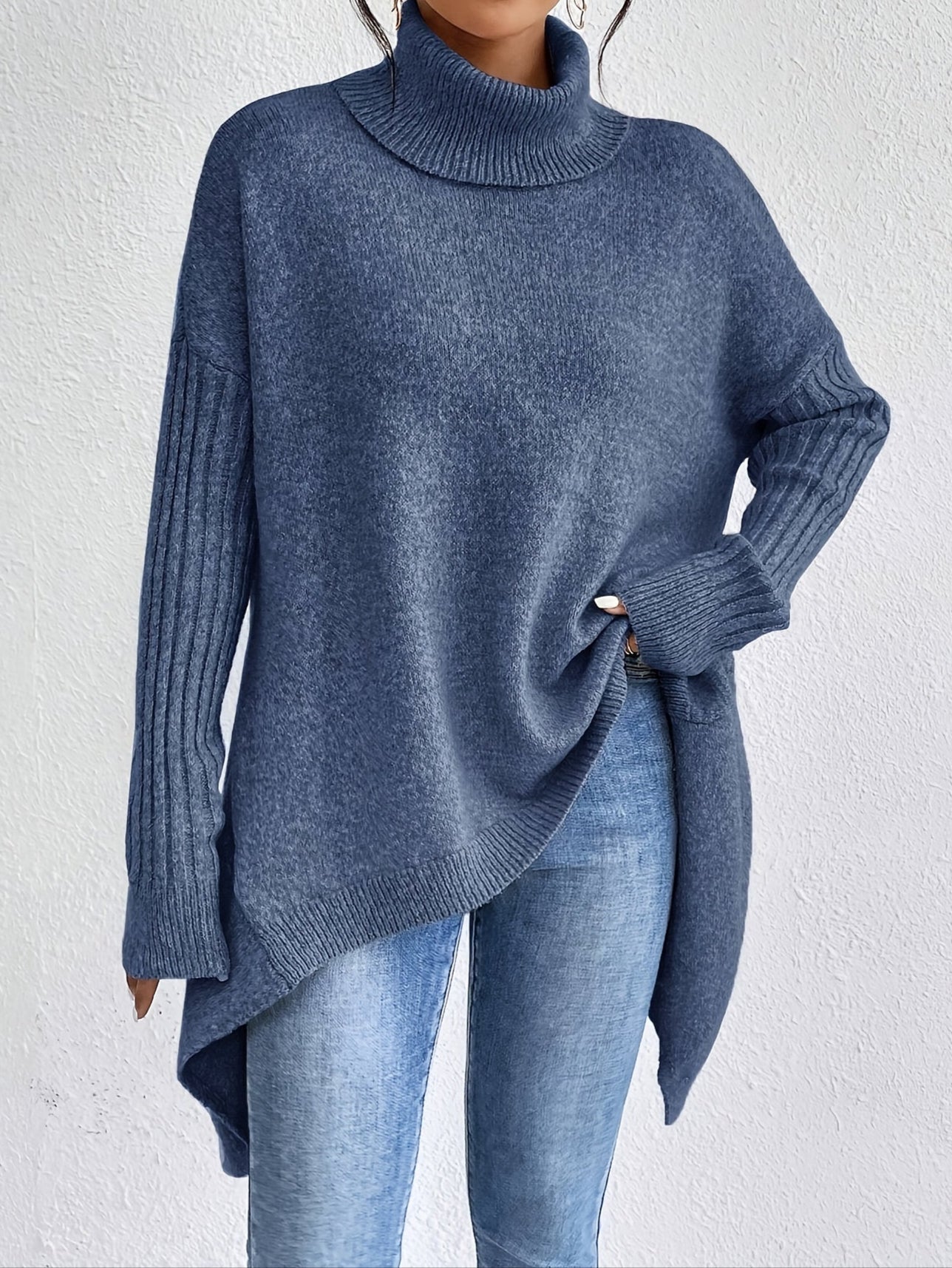 Long Split-Hem Turtleneck Jumper