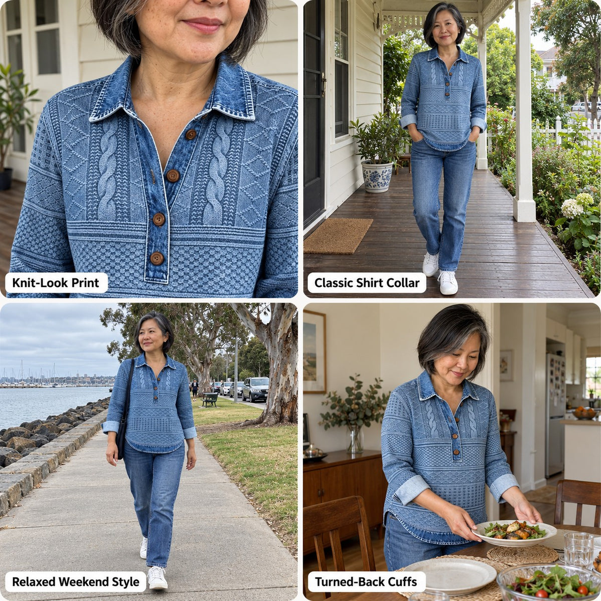 Delphina | Long-Sleeve Collared Top with a Knit-Look Print