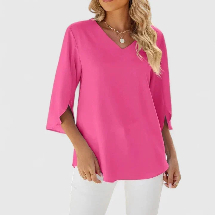 Christie | Ruffled V-Neck Blouse with Three-Quarter Sleeves Classic Pink, studio photo