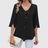 Christie | Ruffled V-Neck Blouse with Three-Quarter Sleeves