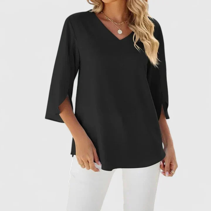 Christie | Ruffled V-Neck Blouse with Three-Quarter Sleeves Classic Black, studio photo