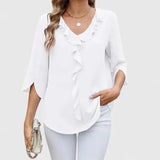 Christie | Ruffled V-Neck Blouse with Three-Quarter Sleeves