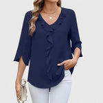 Christie | Ruffled V-Neck Blouse with Three-Quarter Sleeves
