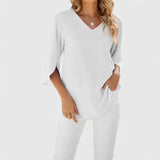 Christie | Ruffled V-Neck Blouse with Three-Quarter Sleeves