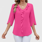 Christie | Ruffled V-Neck Blouse with Three-Quarter Sleeves