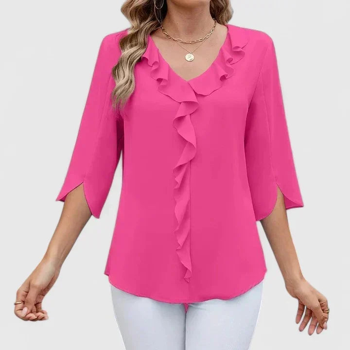 Christie | Ruffled V-Neck Blouse with Three-Quarter Sleeves Pink, studio photo