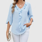 Christie | Ruffled V-Neck Blouse with Three-Quarter Sleeves