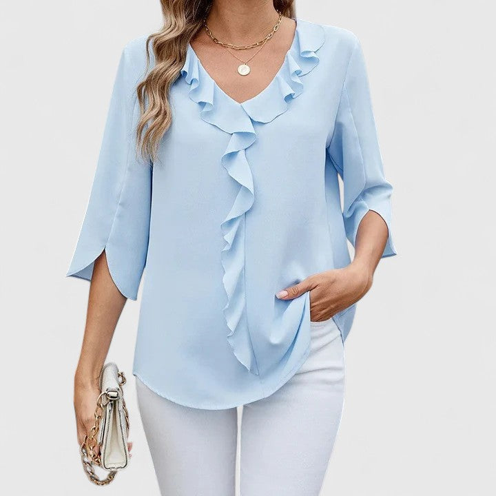 Christie | Ruffled V-Neck Blouse with Three-Quarter Sleeves Classic Blue, studio photo