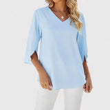 Christie | Ruffled V-Neck Blouse with Three-Quarter Sleeves
