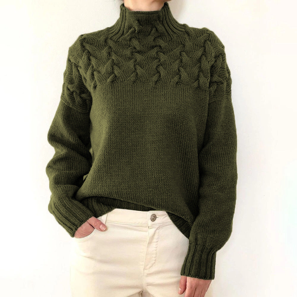 Brown Cable Knit High-Neck Jumper Dark Green, studio photo