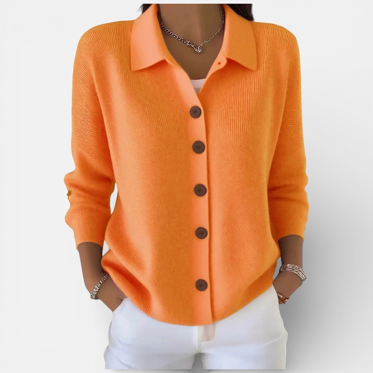 Rosanna | Knit Polo-Collar Button Blouse Orange Red, studio photo