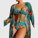 Bikini Set with Kimono in Lime Tropical Hibiscus