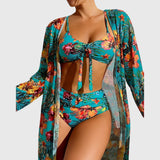 Bikini Set with Kimono in White Tropical Hibiscus