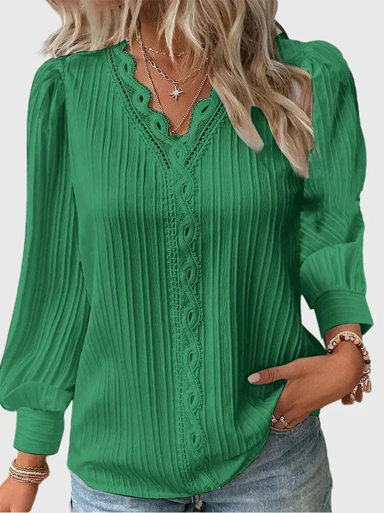 Bertie | Puff-Sleeve V-Neck Blouse Green, studio photo