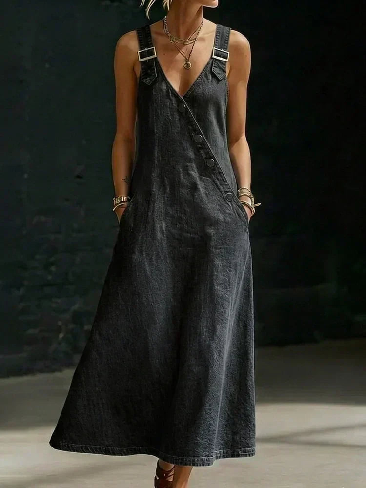 Asymmetric Button Denim Maxi Dress Black, studio photo