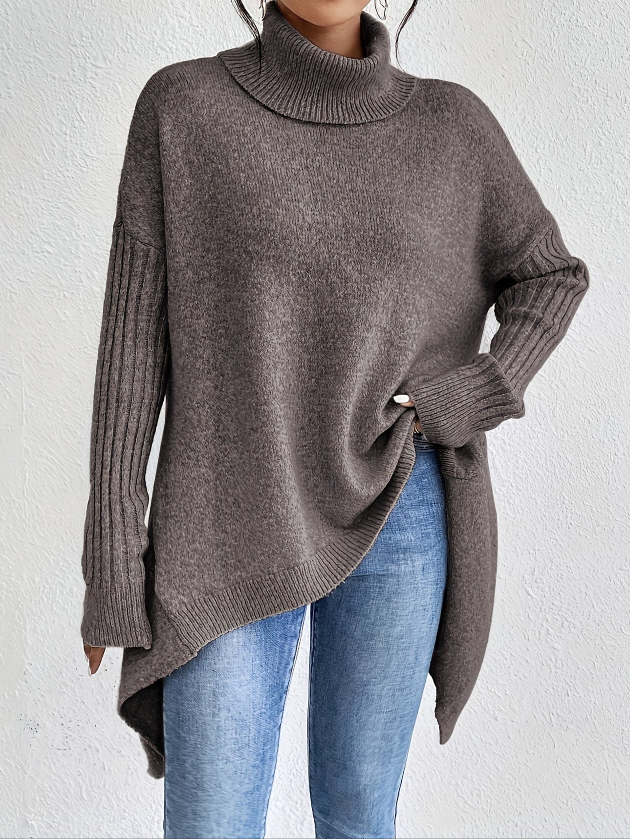 Long Split-Hem Turtleneck Jumper
