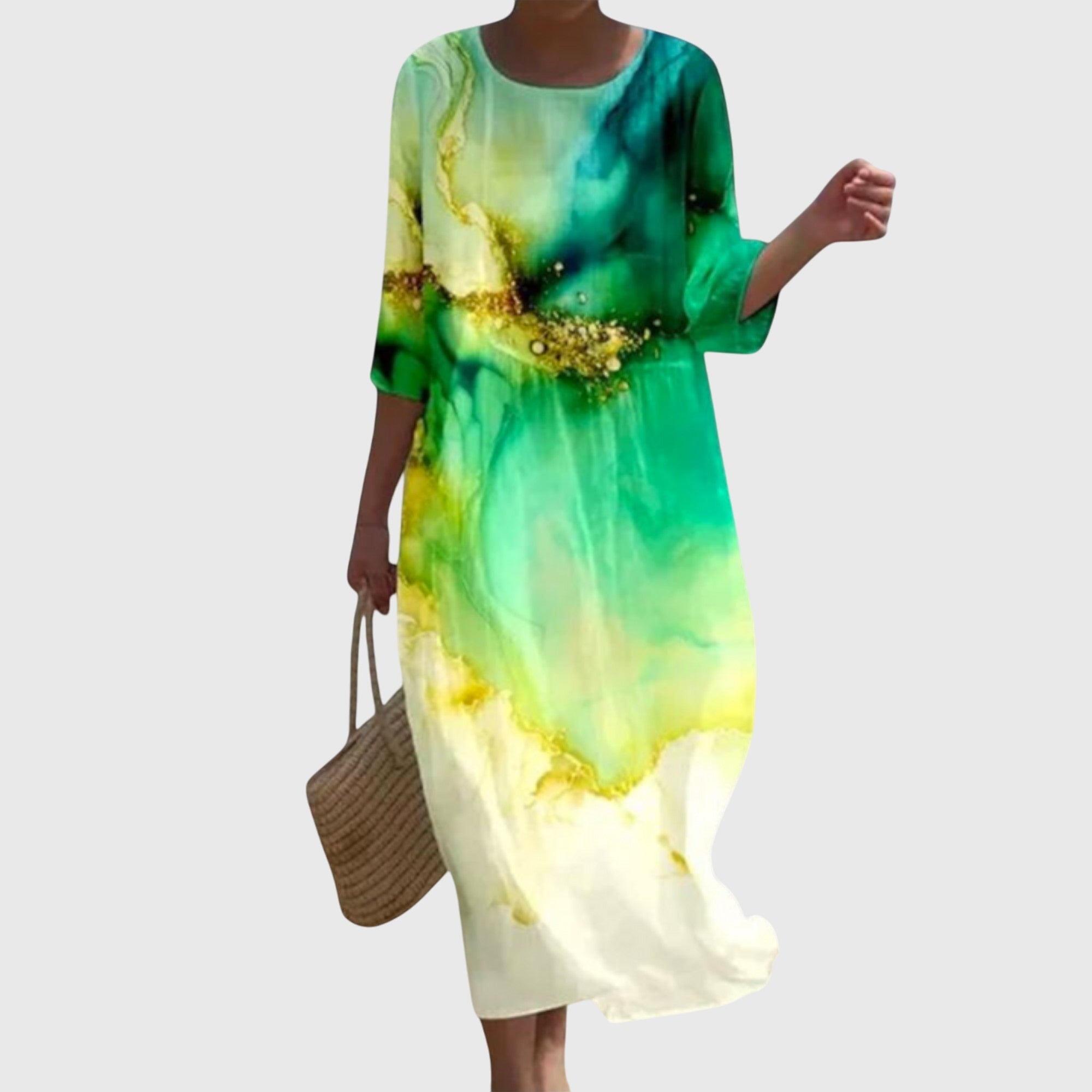 Elegant Floral Maxi Dress Dark Green, studio photo