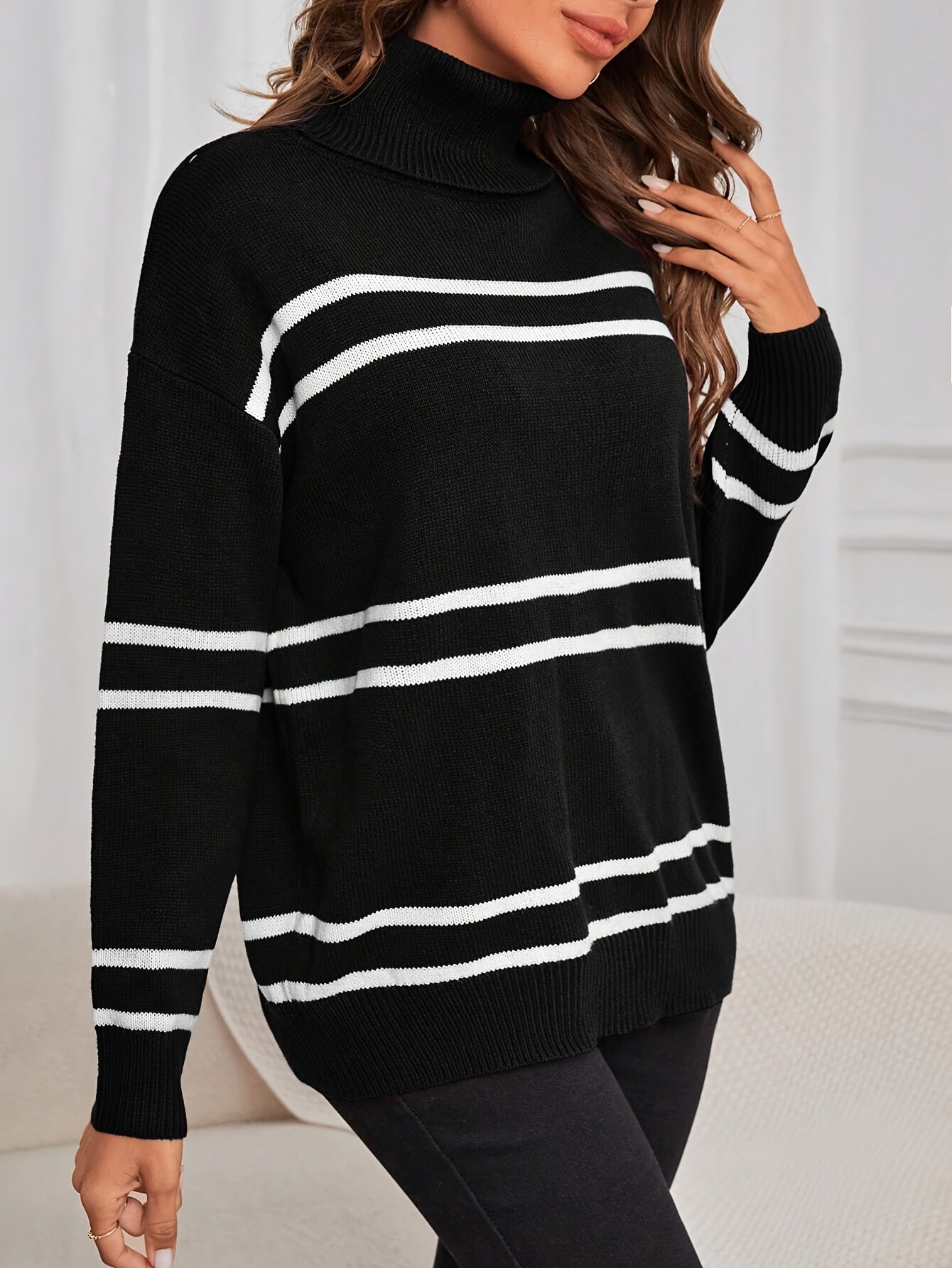 Camel Striped Turtleneck Jumper