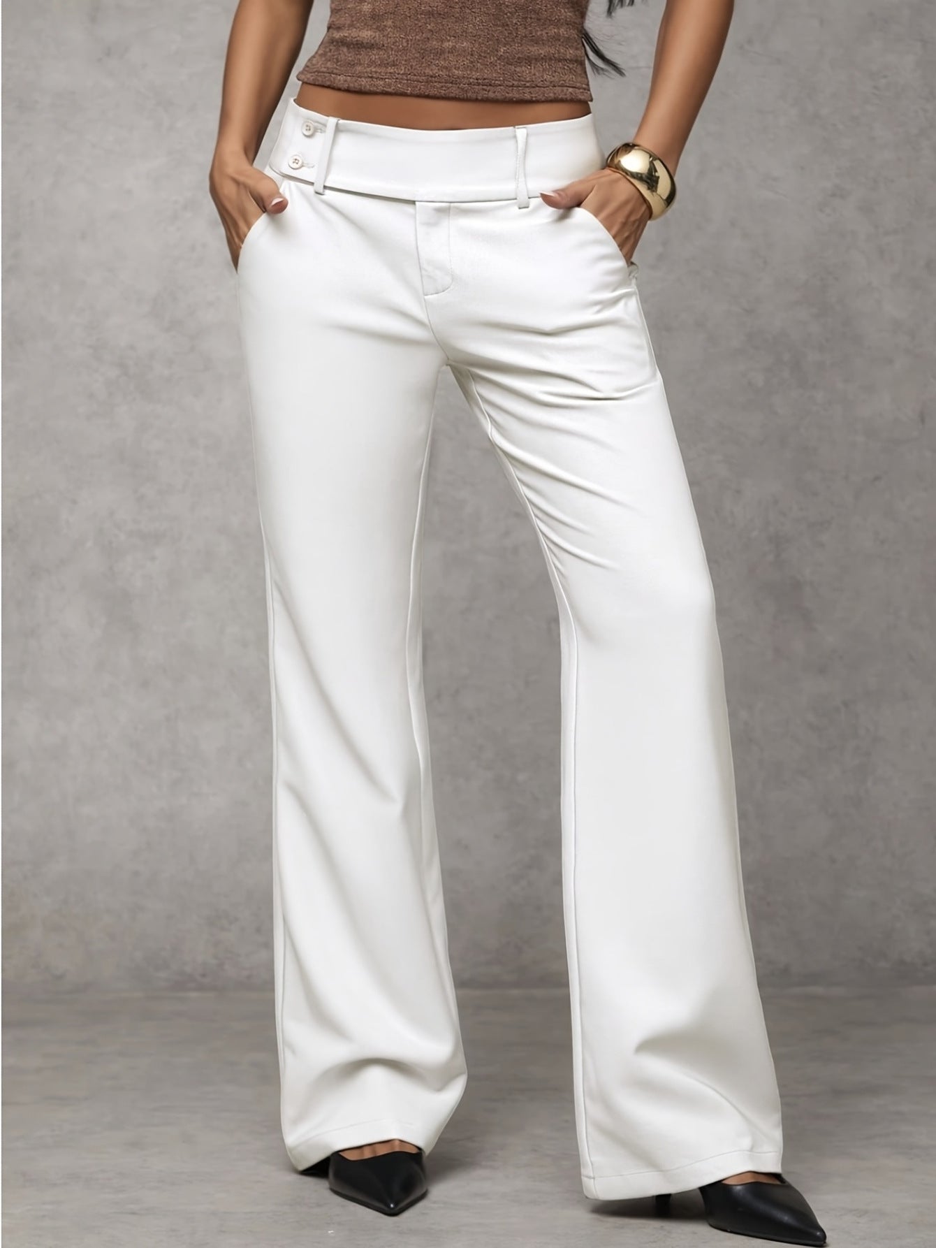 Camille Elegant High-Waisted Wide-Leg Trousers White, photo studio