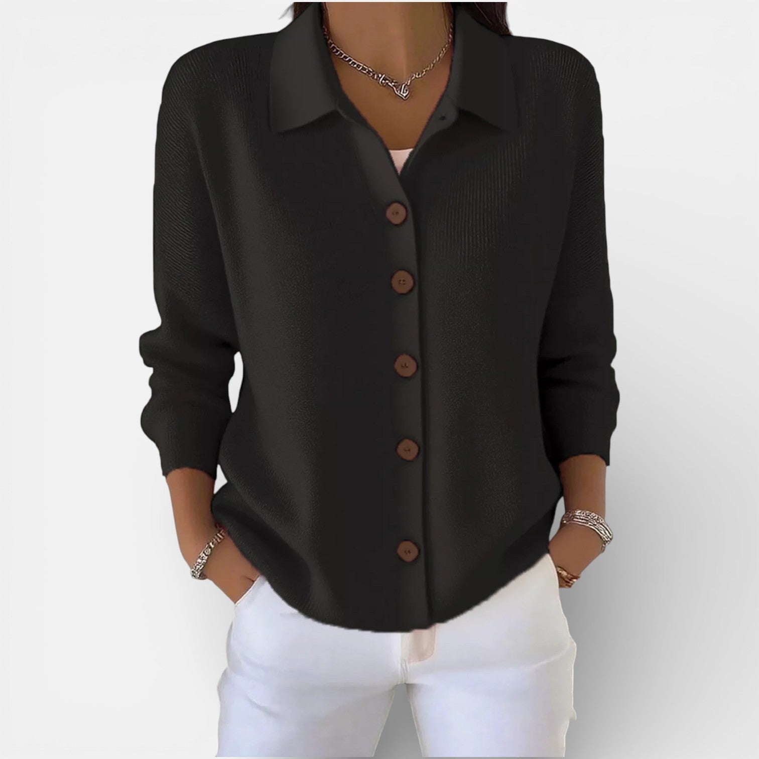 Rosanna | Knit Polo-Collar Button Blouse Black, studio photo