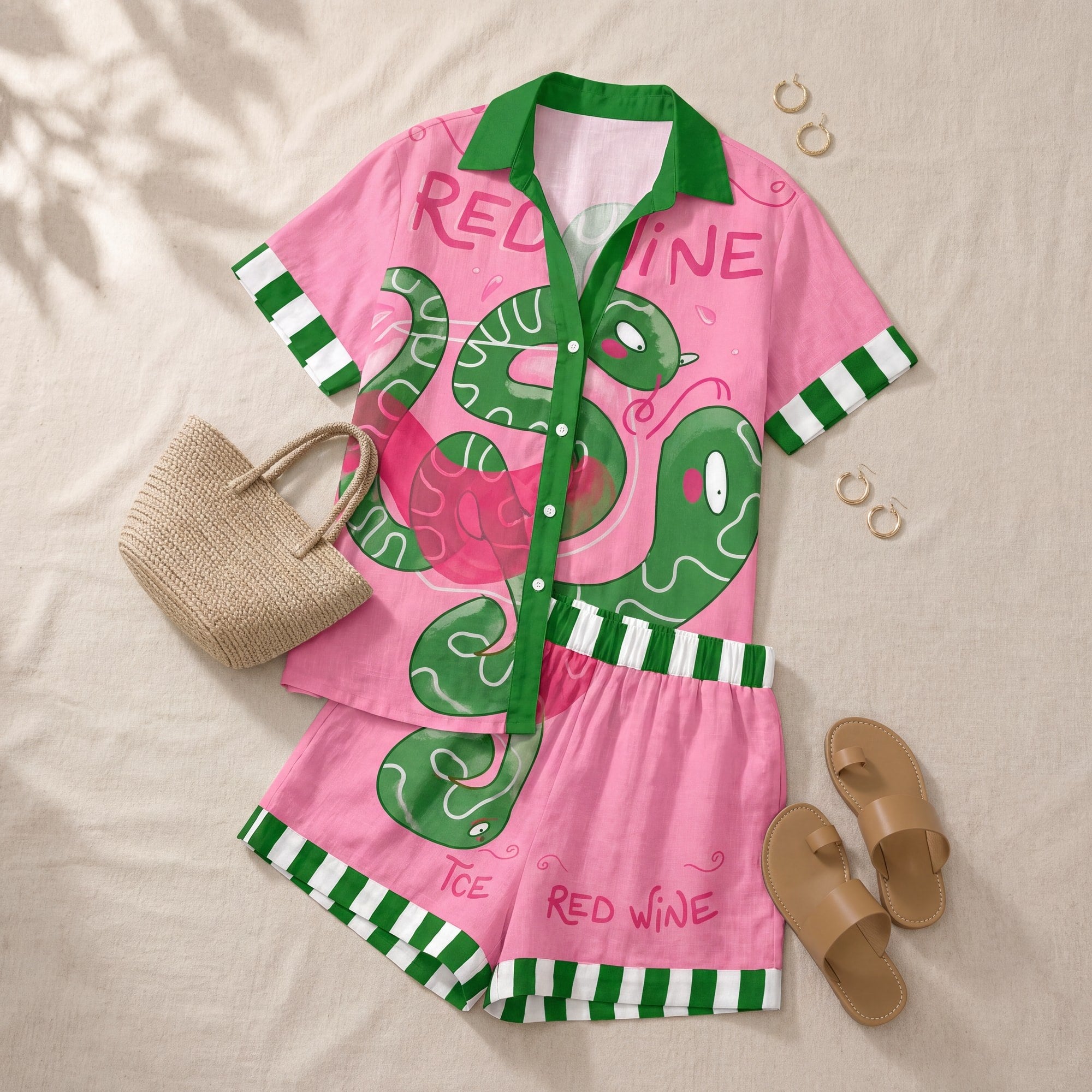 Elaine | Serpent Print Shirt and Shorts Set with Striped Trim, flat lay