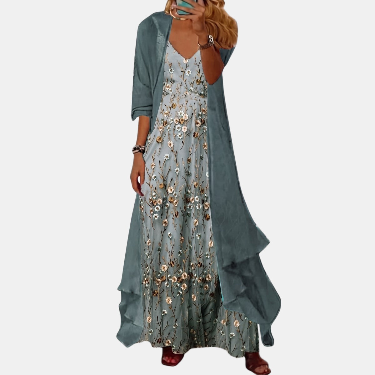 Elegant Two-Piece Maxi Dress Set Blue, studio photo