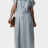Short-Sleeve Denim Maxi Dress with Flap Pockets