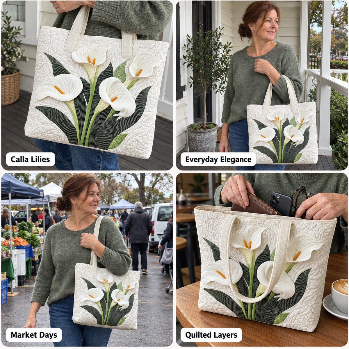 Eluned | Quilted Tote Bag with Calla Lilies