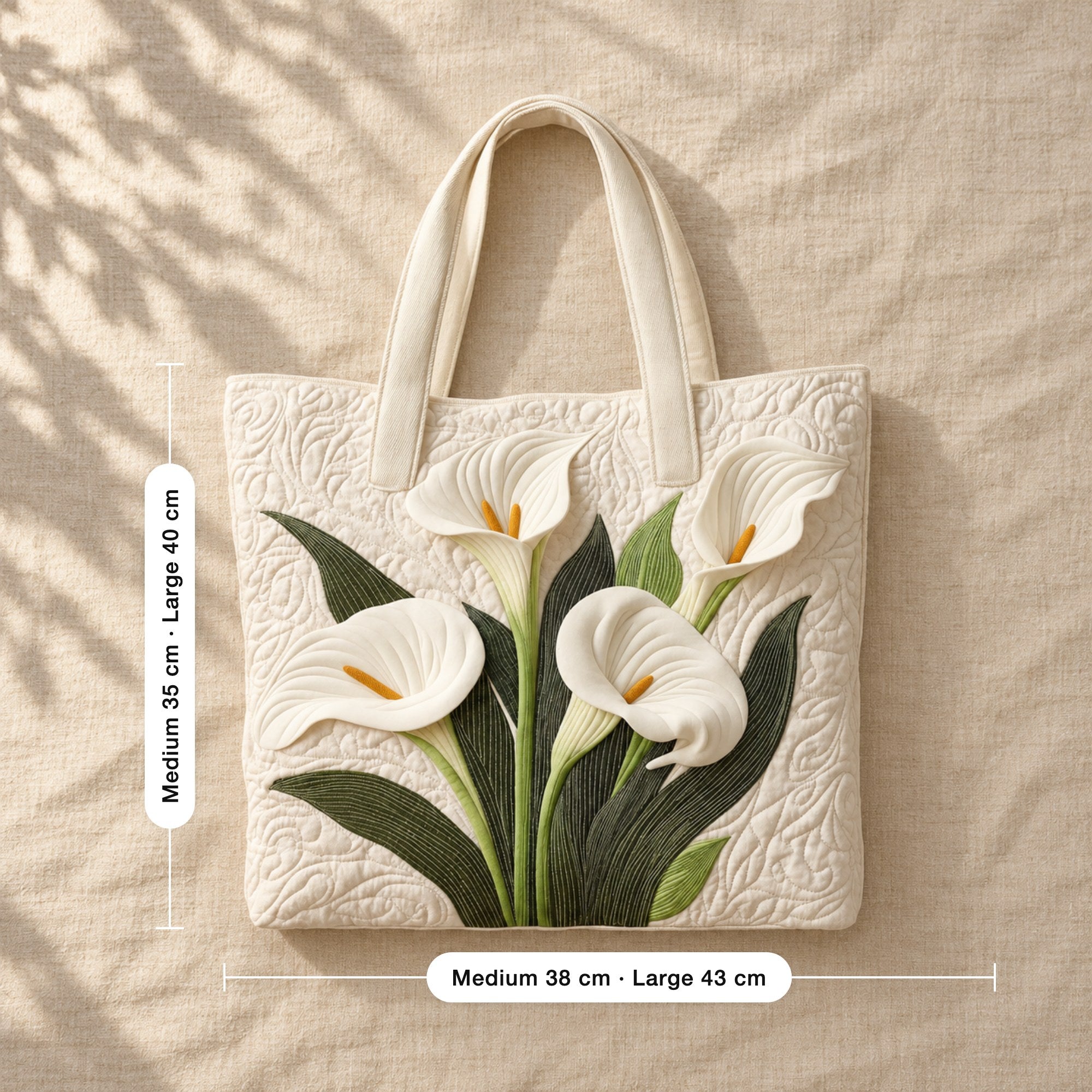 Eluned | Quilted Tote Bag with Calla Lilies, flat lay with sizes