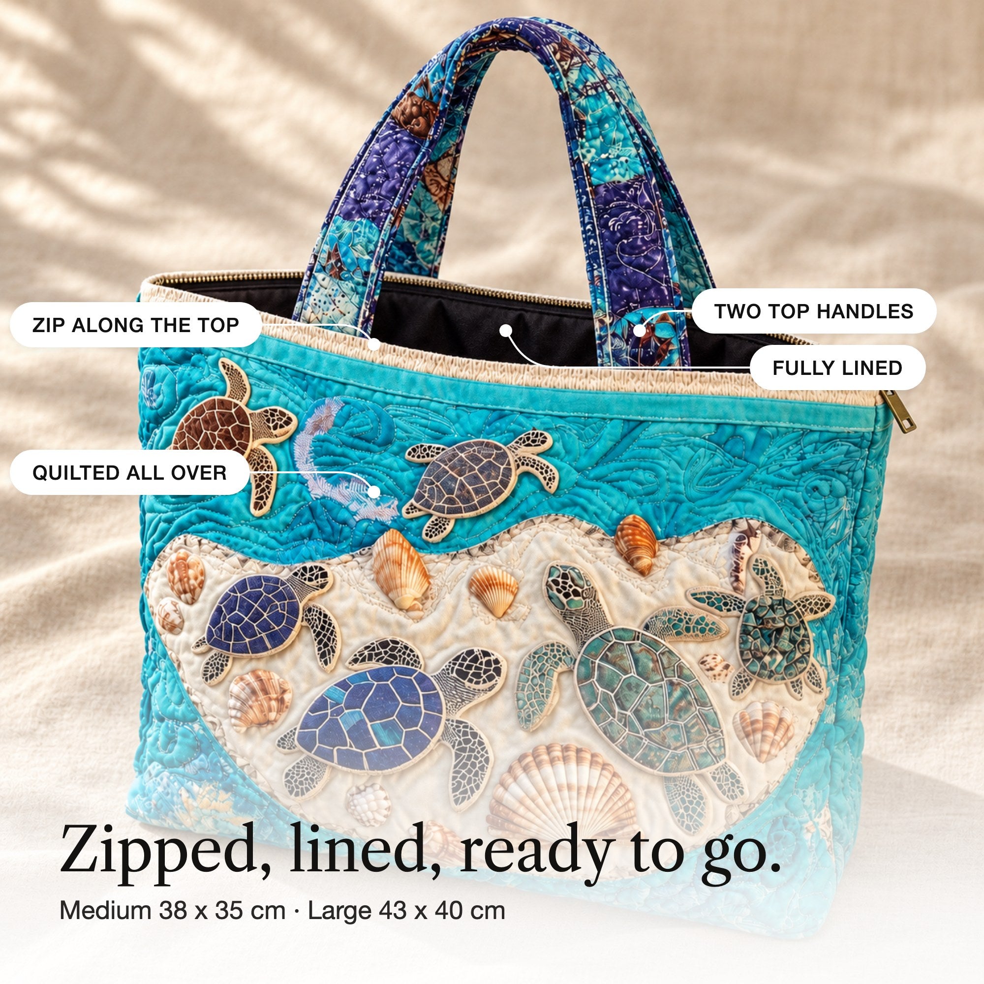 Emer | Quilted Beach Tote with Sea Turtles and Seashells, detail