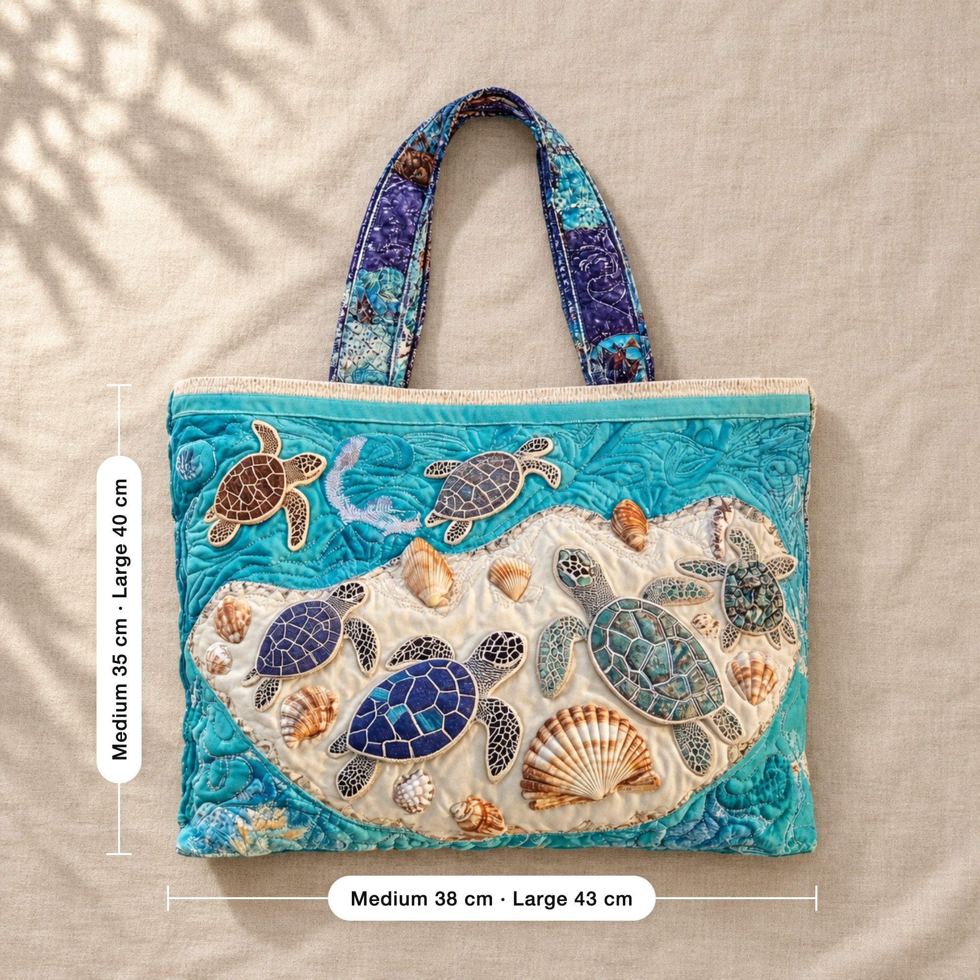 Emer | Quilted Beach Tote with Sea Turtles and Seashells, flat lay with sizes