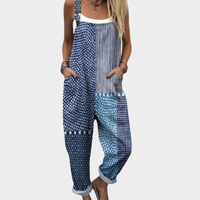 Esther | Women's Sleek Graphic Blue Patchwork Overalls