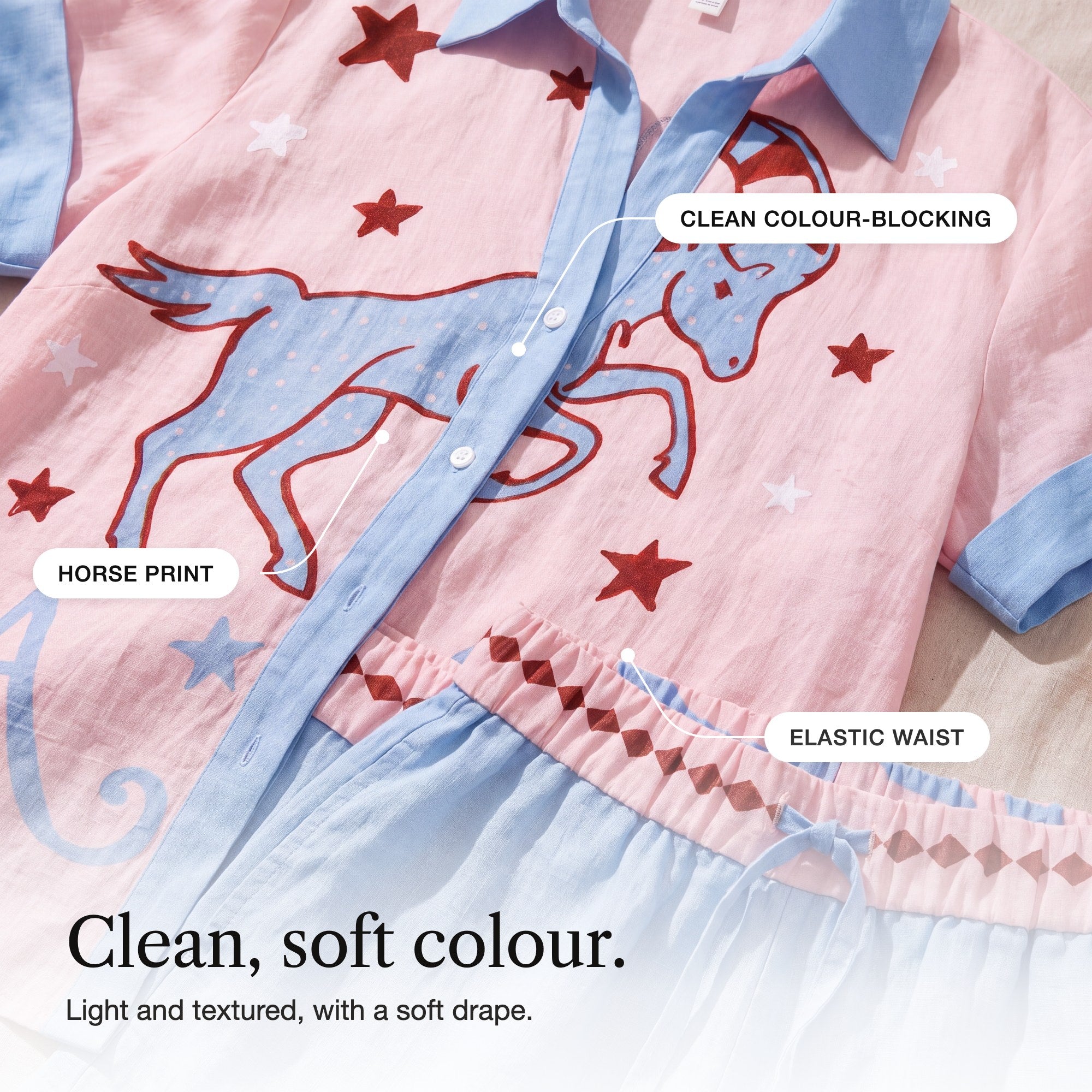 Euphemia | Horse Print Shirt and Pull-On Shorts Set with Contrast Trim, detail