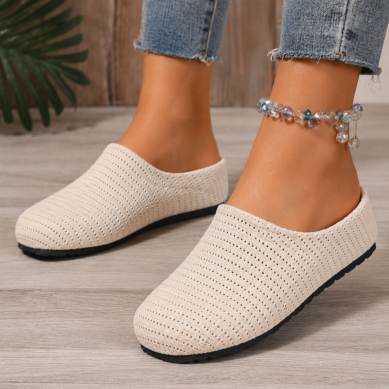 Marlowe | Breathable Knit Slip-On Mules Beige, photo studio