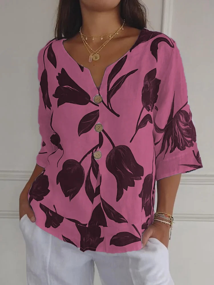 Nova | Floral V-Neck Blouse Pink, studio photo