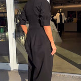Portia | Black Collared Midi Dress with Pockets