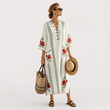 Long Kaftan in Ivory Red Rose Border